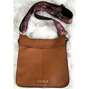 Pioneer Woman Brown Peppled Crossbody Shoulder Bag Floral Embroidered Strap